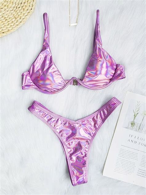 Emmiol Free Shipping 2023 Metallic Underwire Bikini Set Lilac L In