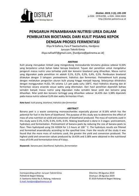 PDF PENGARUH PENAMBAHAN NUTRISI UREA DALAM PEMBUATAN BIOETANOL DARI