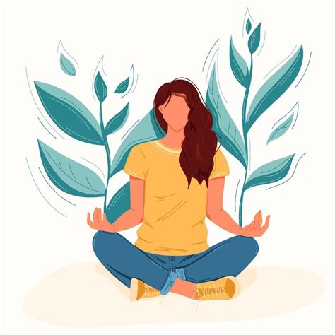 Woman Sitting In Lotus Pose Doing Meditation Natural Green Leaves Are