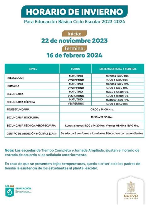 Entra en vigor horario escolar de invierno en Nuevo León