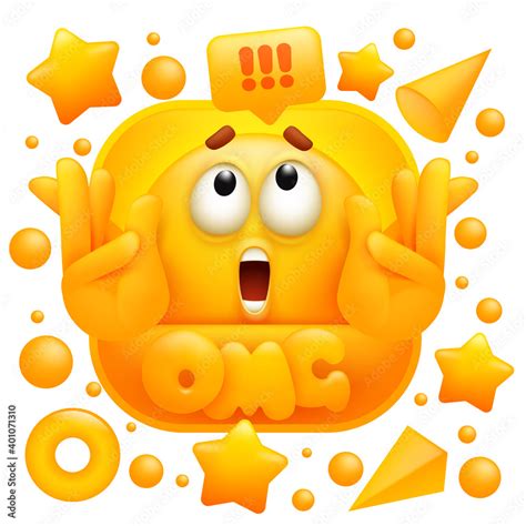 Omg web sticker. Yellow emoji character in 3d cartoon style. Social ...