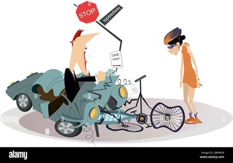 Road Accident Driver Cyclist And Broken Bike Illustration Angry