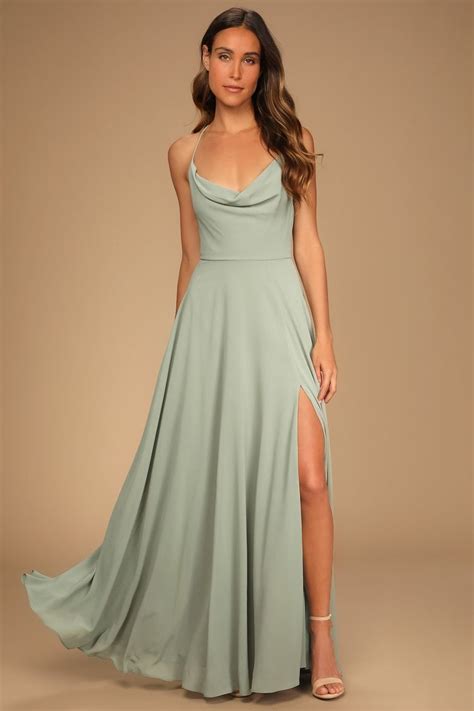 Romantically Speaking Sage Green Cowl Lace Up Maxi Dress Sage