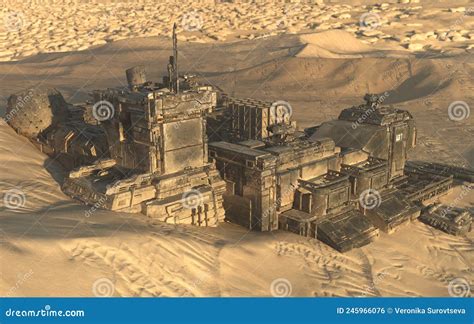 Abandoned Desert Outpost Military Buildings Stock Illustration