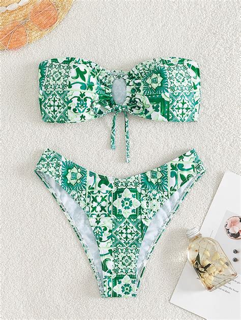 Shein Swim Mod Summer Beach Floral Print Bikini Set Drawstring Bandeau