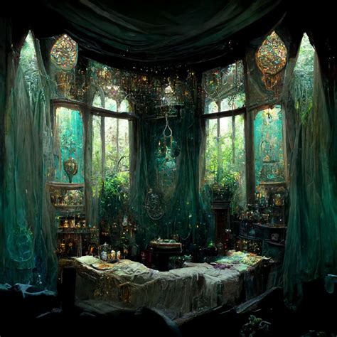 Elven Alchemist S Bedroom Covered In Potions Gems Lace Curtains