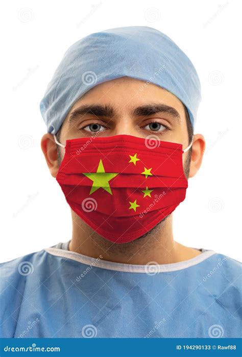 Doctor With China Flag Medical Mask Isolated On White Background Stock