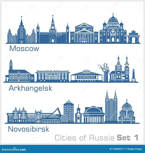 Moscow Arkhangelsk Novosibirsk City Skyline Set Russia Vector