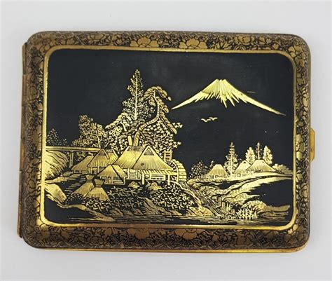 Vintage Japanese Damascene Cigarette Case With Water Mill And Mount