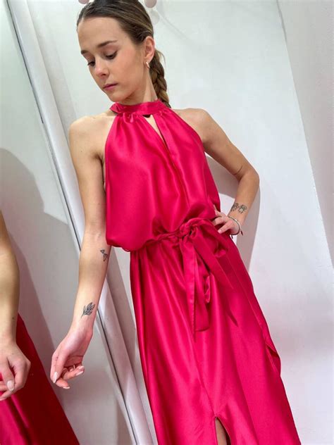 Vestito Lungo In Raso Fucsia Con Cintura Vicolo Scintille Store