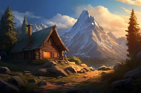 Premium AI Image | a cabin in a mountain landscape with a mountain in the background.