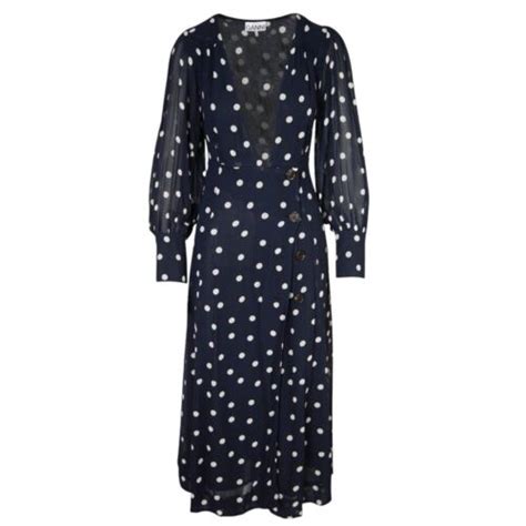 Ganni Wrap Effect Polka Dot Crepe Midi Dress In Sky Captain Size