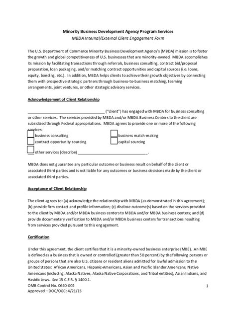 Fillable Online MBDA Internal External Client Engagement Form Fax Email