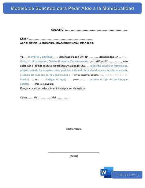 Modelo De Solicitud Para Pedir Algo A La Municipalidad WORD