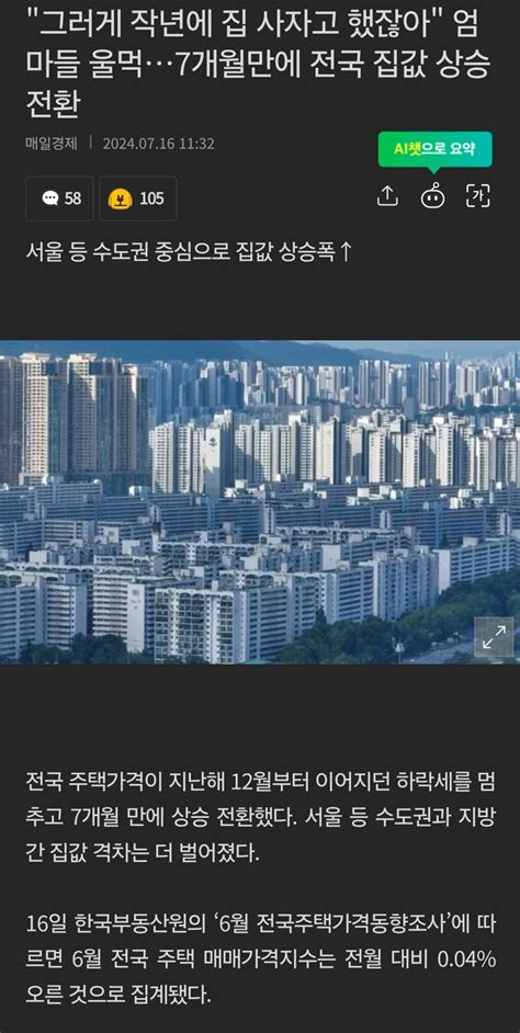 오픈 이슈 갤러리 그러게 작년에 집 사자고 했잖아 엄마들 울먹7개월만에 전국 집값 상승 전환 Vortex Gaming