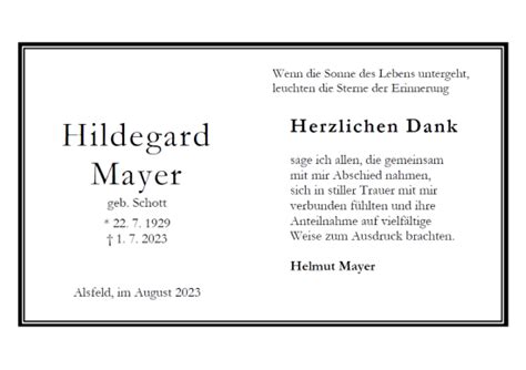 Traueranzeigen Von Hildegard Mayer Vrm Trauerde