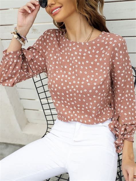 Shein Lune Ditsy Floral Keyhole Back Knot Cuff Blouse Camisa De Moda