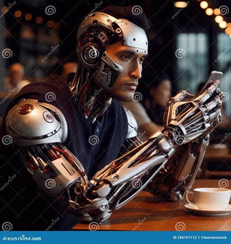 Cybernetic Person With Futuristic Robotic Limbs Drinking Coffee In A