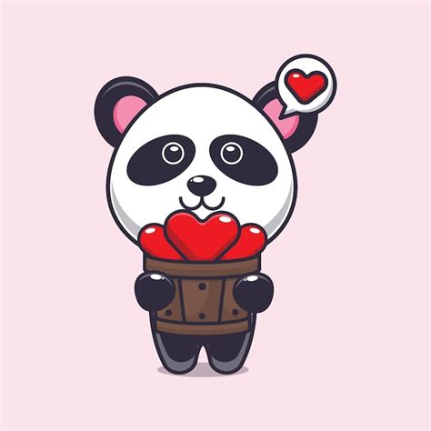 Premium Vector Cute Panda Cartoon Character Holding Love In Wood Bucket