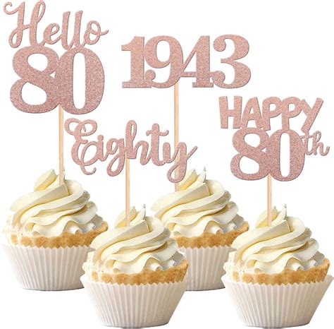 Amazon 24 PCS Happy 80th Birthday Cupcake Toppers Glitter Hello 80