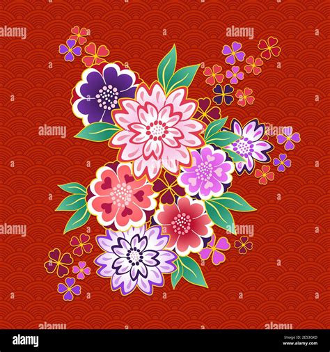 Decorative Kimono Floral Motif On Red Background Vector Illustration