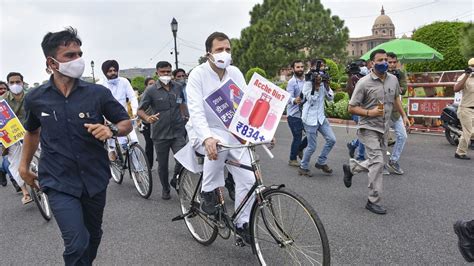 Rahul Gandhi Leads Bicycle Rally To Parliament Over Fuel Price Hike