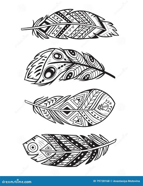 Vector Outline Abstract Boho Feathers On A White Background Stock