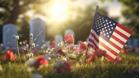 Premium Photo American Flag Laying On Grave At The Peaceful Flower