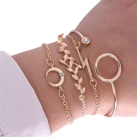 Pulseira Dourada Folhas Lua Raio Strass Circulo C1477 Parcelamento