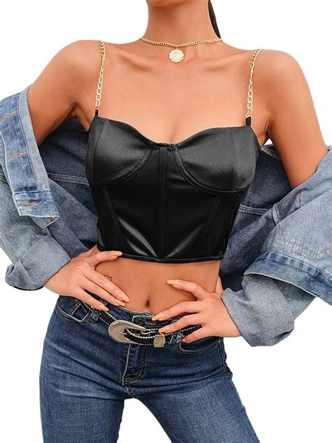 Jbeelate Women S Sexy Corset Crop Top Chain Spaghetti Straps Push Up