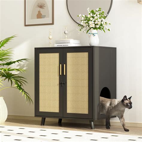 WIAWG Cat Litter Box Enclosure With Lock Sisal Door Black Hidden