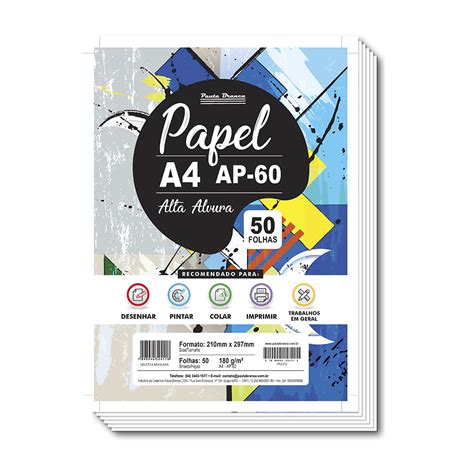 Papel Desenho A4 Branco 180g m² Pacote c 50 Folhas Pauta Branca