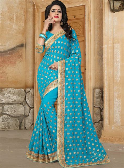 Sky Blue Georgette Festival Wear Saree Lehenga Saree Georgette