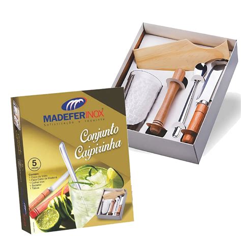 Kit Caipirinha 5 Pçs Completo Copo Colher Tábua Socador Faca