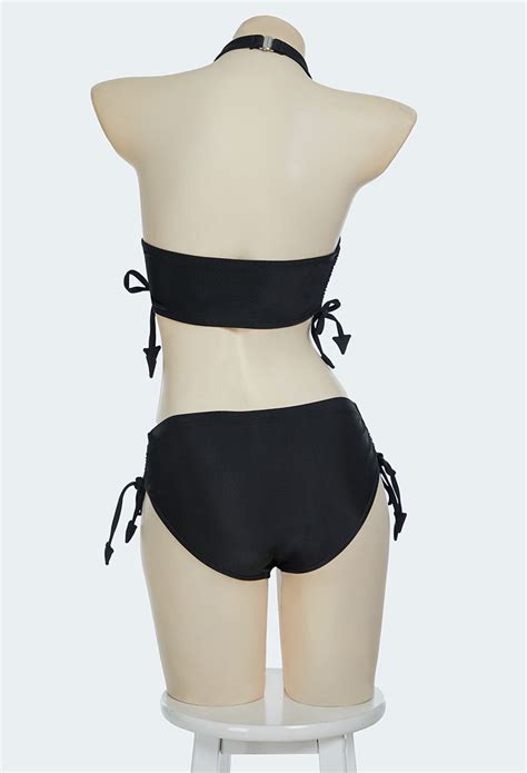 Women Gothic Black Skull Print Two Piece Swimsuit Halter Top And Briefs Bikini Set Bathing