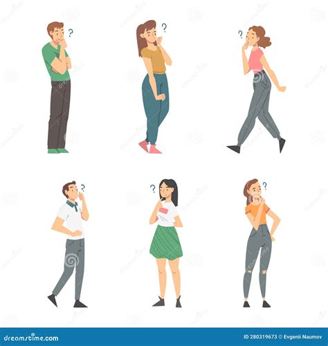 Thoughtful People Characters With Question Mark Thinking Over The Matter Vector Set Stock Vector