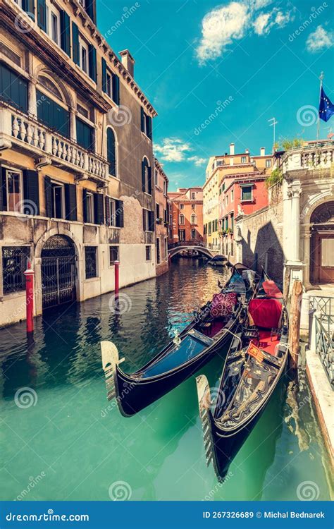 Gondola On Scenic Canal In Venice Italy Stock Image Image Of