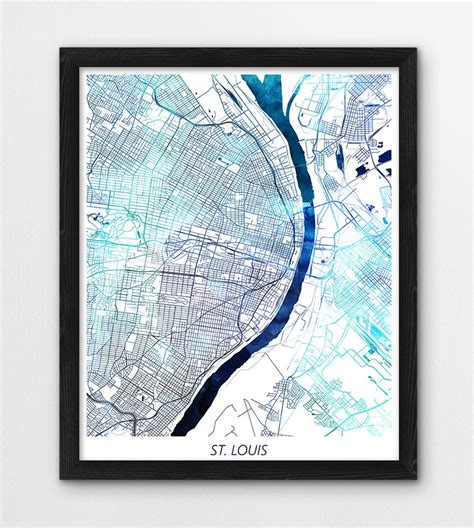 St. Louis Map Print, St. Louis Poster Print, St. Louis Urban Street Map Print, Blue Watercolor ...