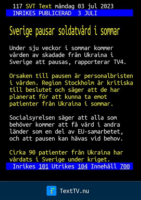 Sverige pausar soldatvård i sommar SVT Text TV