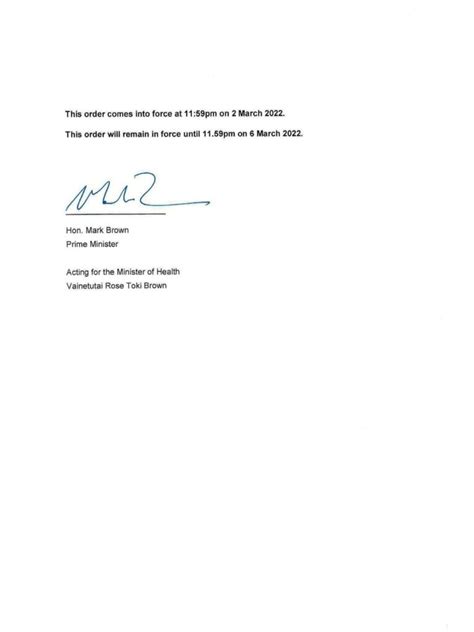 Ministerial Order 2 March 2022 Te Marae Ora Cook Islands Ministry Of