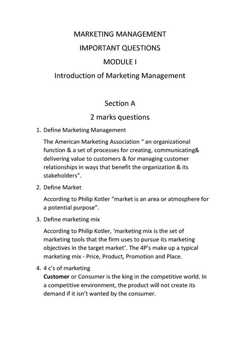 Marketing Management Marketing Management Important Questions Module