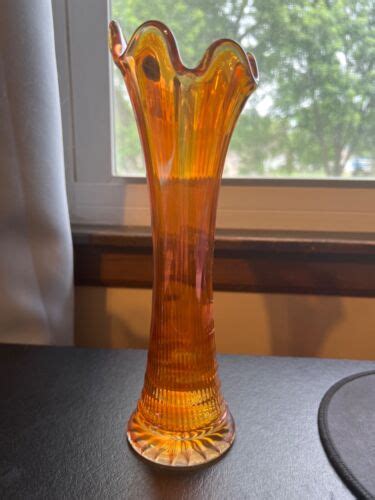 Imperial Marigold Carnival Glass Ripple Iridescent Swung Vase 10” With Stickers Ebay