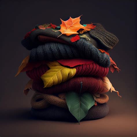 Premium Photo Stack Of Knitted Sweaters Autumn Leaves Illustration