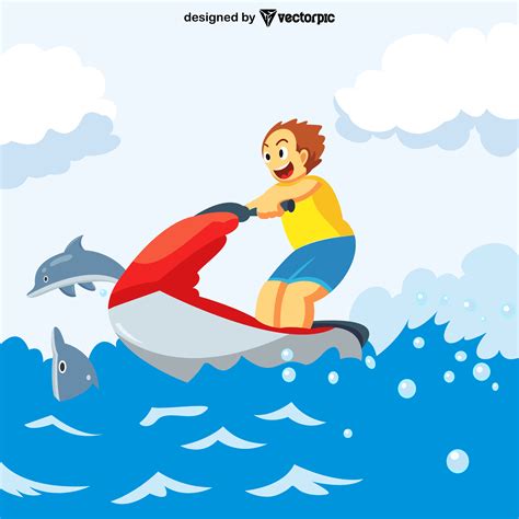 a boy playing jet ski cartoon design free vector | VECTORPIC