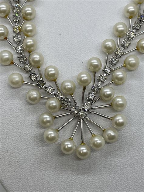 Mid Century Faux Pearl Rhinestone Necklace Choker Gem