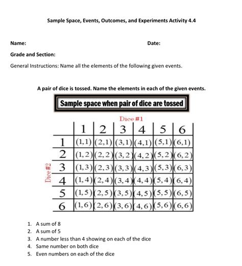 Solved Sample Space Events Outcomes And Experiments Activity