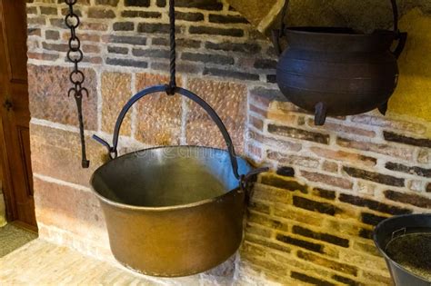 Various Metal Cooking Pots Hanging In A Hearth Stock Image Image Of Closeup Architecture