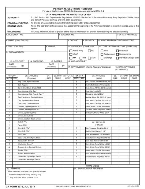 Da Form 3078 Personal Clothing Request Is A Record Of Inspection And