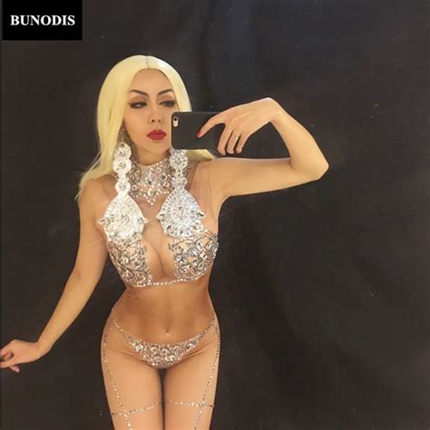 ZD Like Nude Women Sexy Jumpsuit Sparkling Crystals Costume Celebrate Nightclub Party Singer