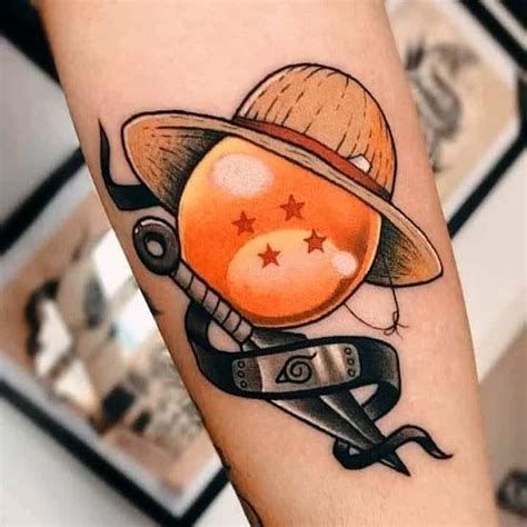 A Tattoo On The Arm Of A Person With Scissors And An Orange Ball In It